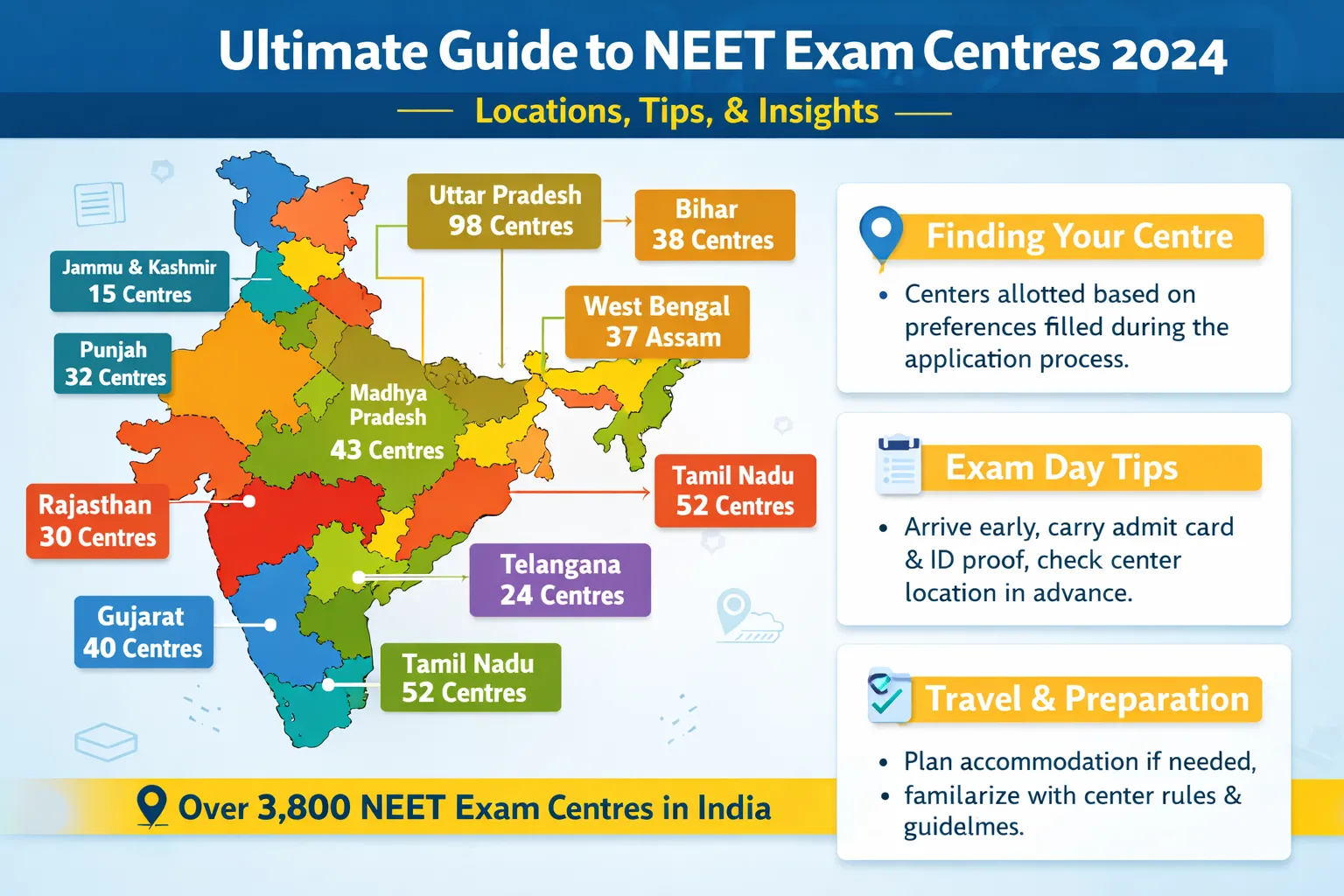 NEET Exam Centres Across India: State-wise Map Infographic